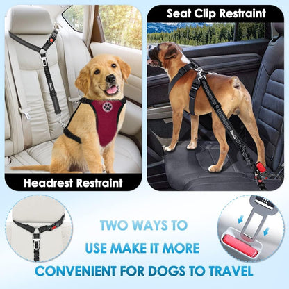 Adjustable Dog Car Seat Belt - 2 Pack with Elastic Bungee Buffer, 2-in-1 Pet Harness and Headrest Restraint, Reflective Safety Tether (Black, Headrest + Clip)