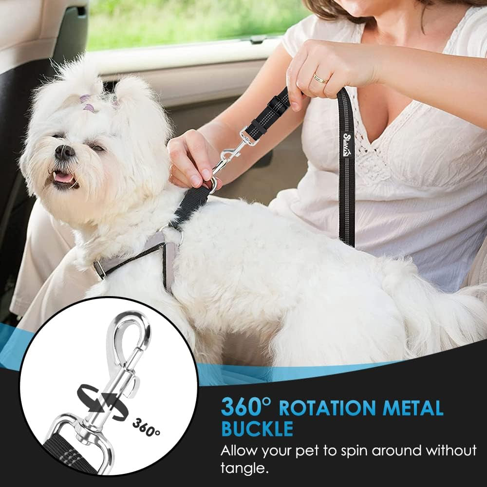 Adjustable Dog Car Seat Belt - 2 Pack with Elastic Bungee Buffer, 2-in-1 Pet Harness and Headrest Restraint, Reflective Safety Tether (Black, Headrest + Clip)