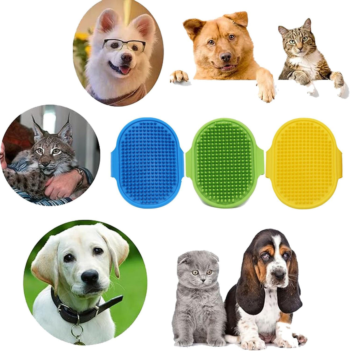 4 Pcs Dog Bath Brush Set - Shampoo Brush & Bubble Maker with Adjustable Handle, Dog Grooming Brush, Paw Washer & Massage Grooming Tool for Short/Long Hair Dogs & Cats (Blue)