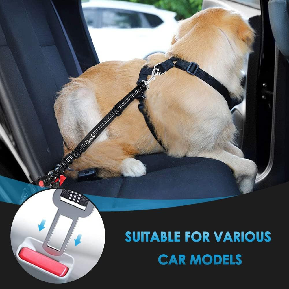 Adjustable Dog Car Seat Belt - 2 Pack with Elastic Bungee Buffer, 2-in-1 Pet Harness and Headrest Restraint, Reflective Safety Tether (Black, Headrest + Clip)