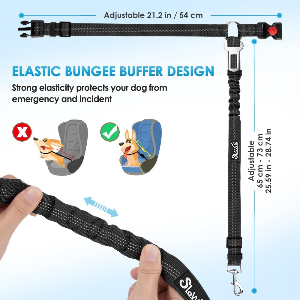 Adjustable Dog Car Seat Belt - 2 Pack with Elastic Bungee Buffer, 2-in-1 Pet Harness and Headrest Restraint, Reflective Safety Tether (Black, Headrest + Clip)