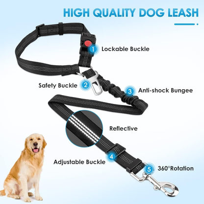 Adjustable Dog Car Seat Belt - 2 Pack with Elastic Bungee Buffer, 2-in-1 Pet Harness and Headrest Restraint, Reflective Safety Tether (Black, Headrest + Clip)